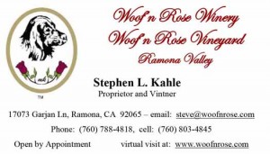 Woof'n Rose Winery and Vineyard business contact card for Stephen L. Kahle.